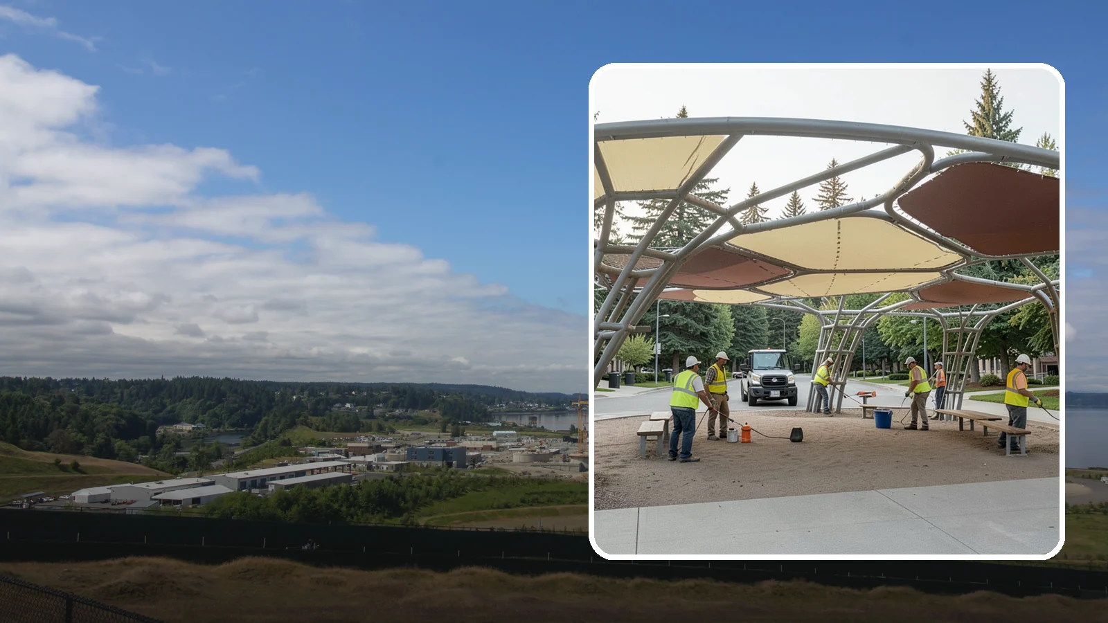Shade Sail Installation in University Place, Pierce County, WA - Engineered shade sail and structure installation providing UV protection over play areas, seating, and gathering spaces.