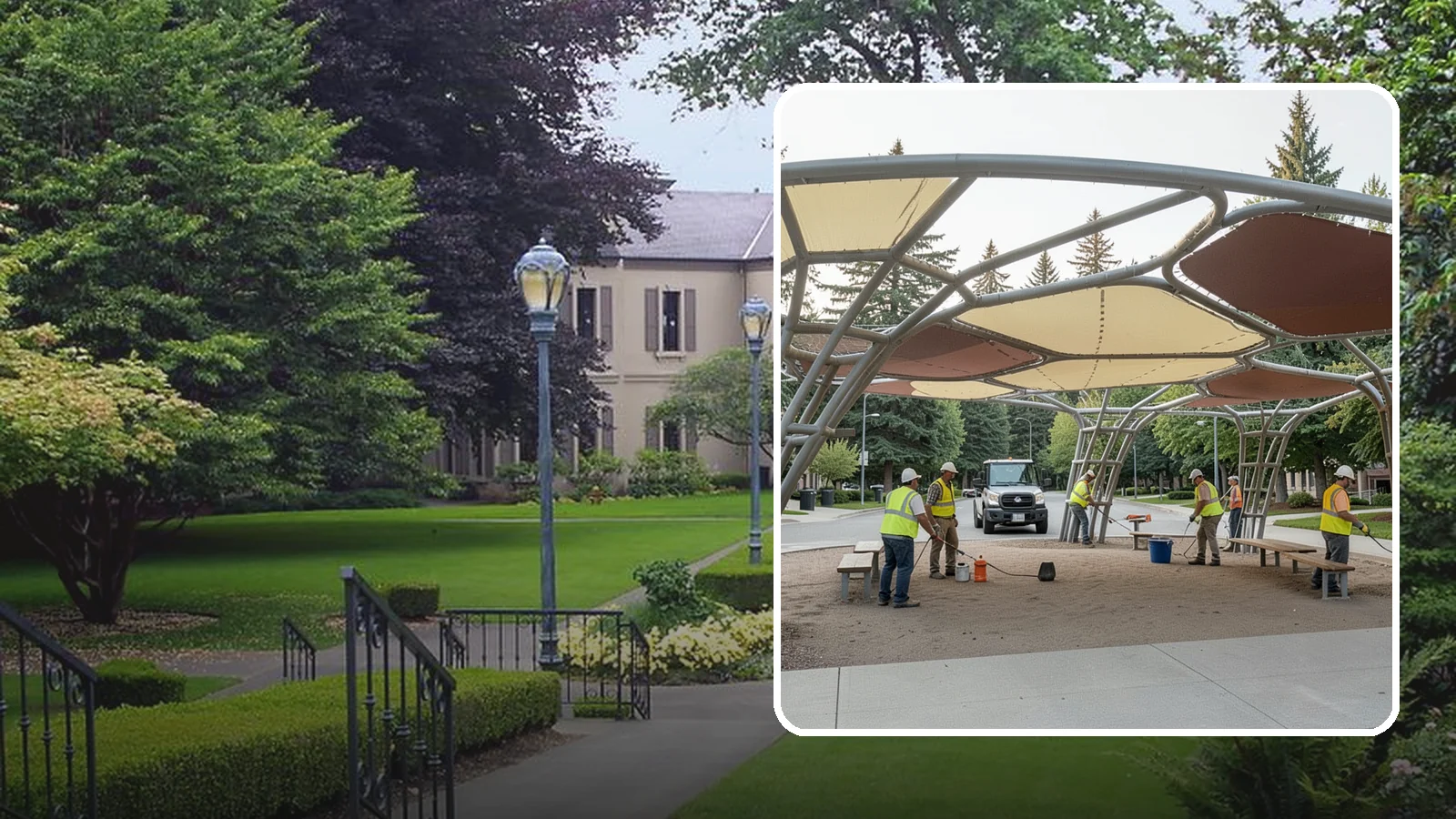 Shade Sail Installation in Woodinville, King County, WA - Engineered shade sail and structure installation providing UV protection over play areas, seating, and gathering spaces.