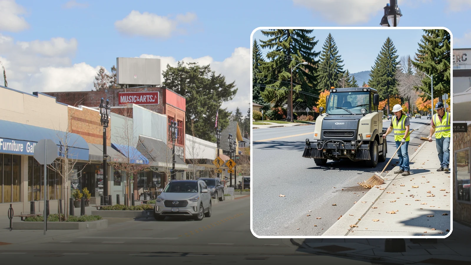 Sidewalk Sweeping in Bothell, King County, WA - Mechanical and walk-behind sweeping of sidewalks, plazas, and pedestrian corridors.