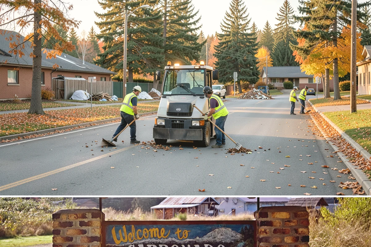 Sidewalk Sweeping in Carbonado, Pierce County, WA - Sidewalk sweeping steps up during fall leaf drop and after downtown events and markets.