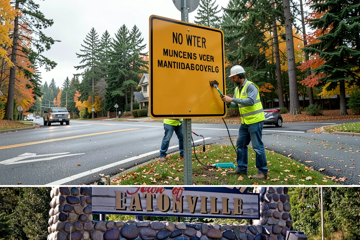 Sidewalk Sweeping in Eatonville, Pierce County, WA - Sidewalk sweeping steps up during fall leaf drop and after downtown events and markets.