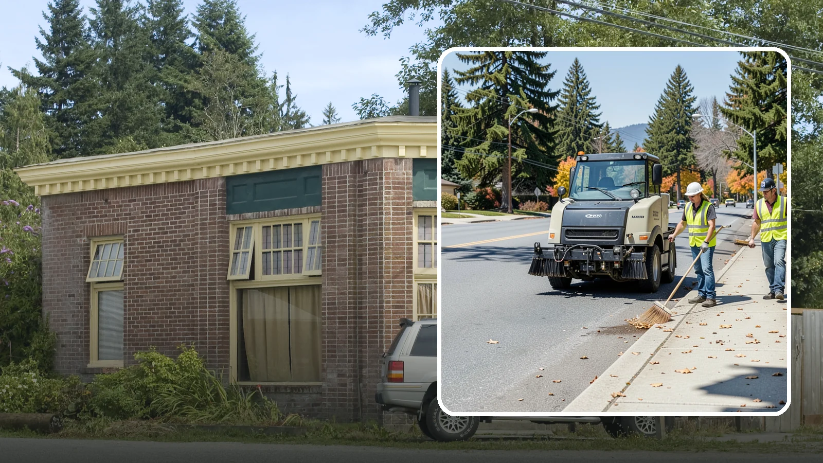 Sidewalk Sweeping in Hamilton, Skagit County, WA - Mechanical and walk-behind sweeping of sidewalks, plazas, and pedestrian corridors.
