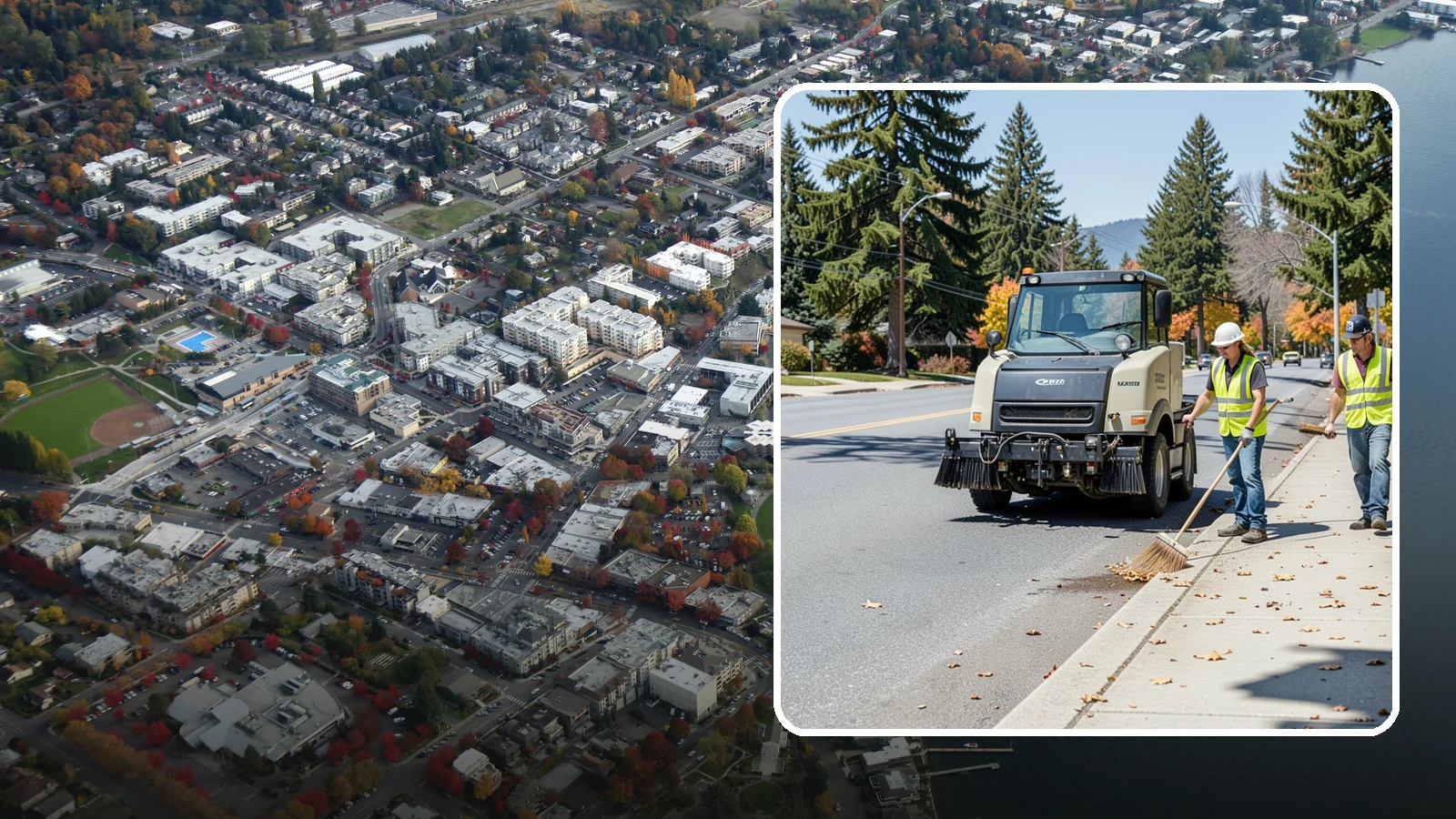 Sidewalk Sweeping in Kirkland, King County, WA - Mechanical and walk-behind sweeping of sidewalks, plazas, and pedestrian corridors.