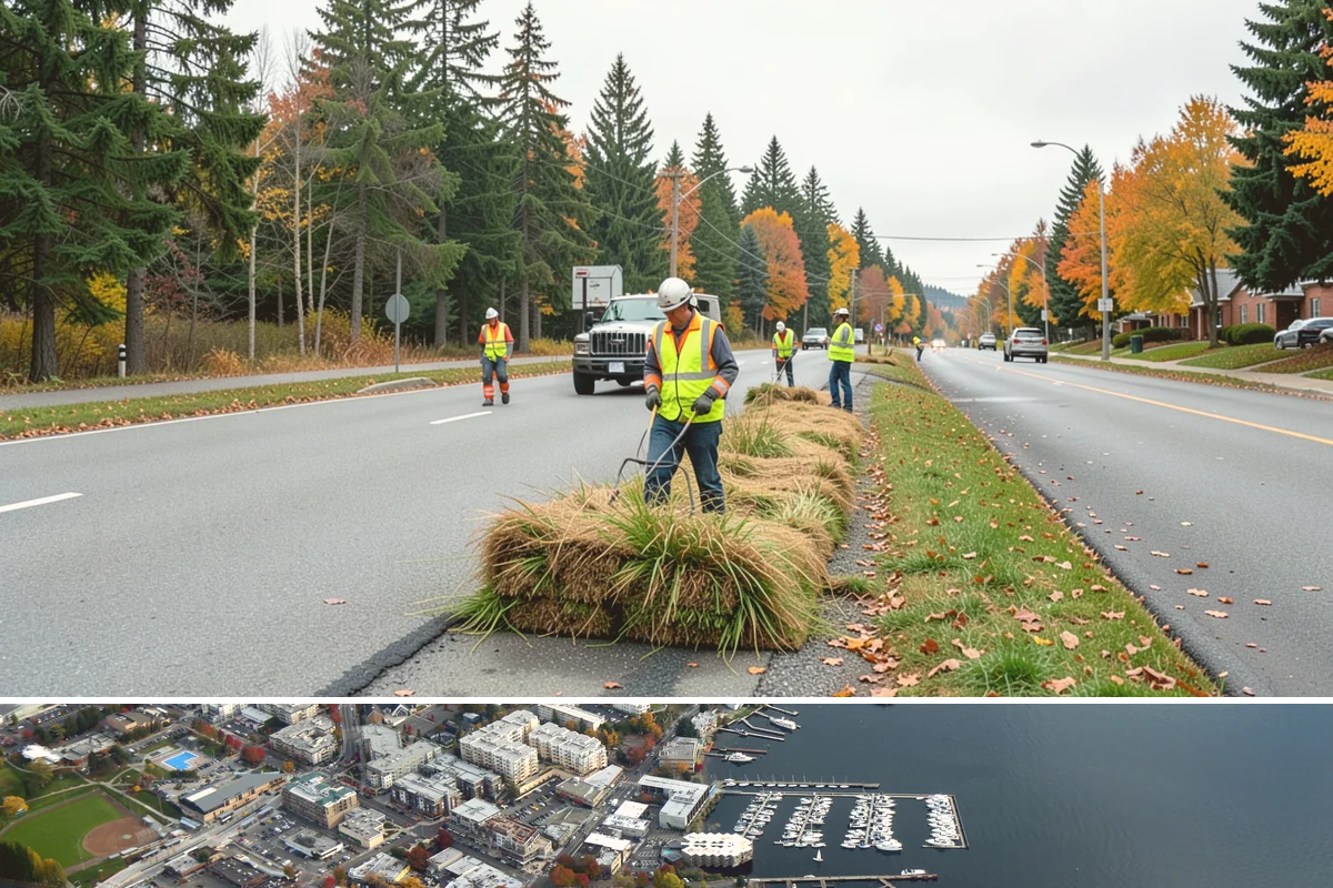 Sidewalk Sweeping in Kirkland, King County, WA - Sidewalk sweeping steps up during fall leaf drop and after downtown events and markets.