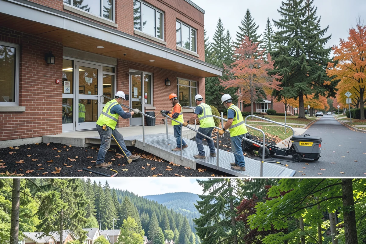 Sidewalk Sweeping in Lake Forest Park, King County, WA - Sidewalk sweeping steps up during fall leaf drop and after downtown events and markets.
