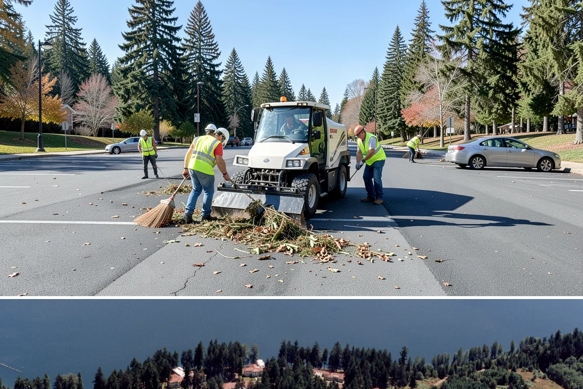 Sidewalk Sweeping in Lakewood, Pierce County, WA - Sidewalk sweeping steps up during fall leaf drop and after downtown events and markets.