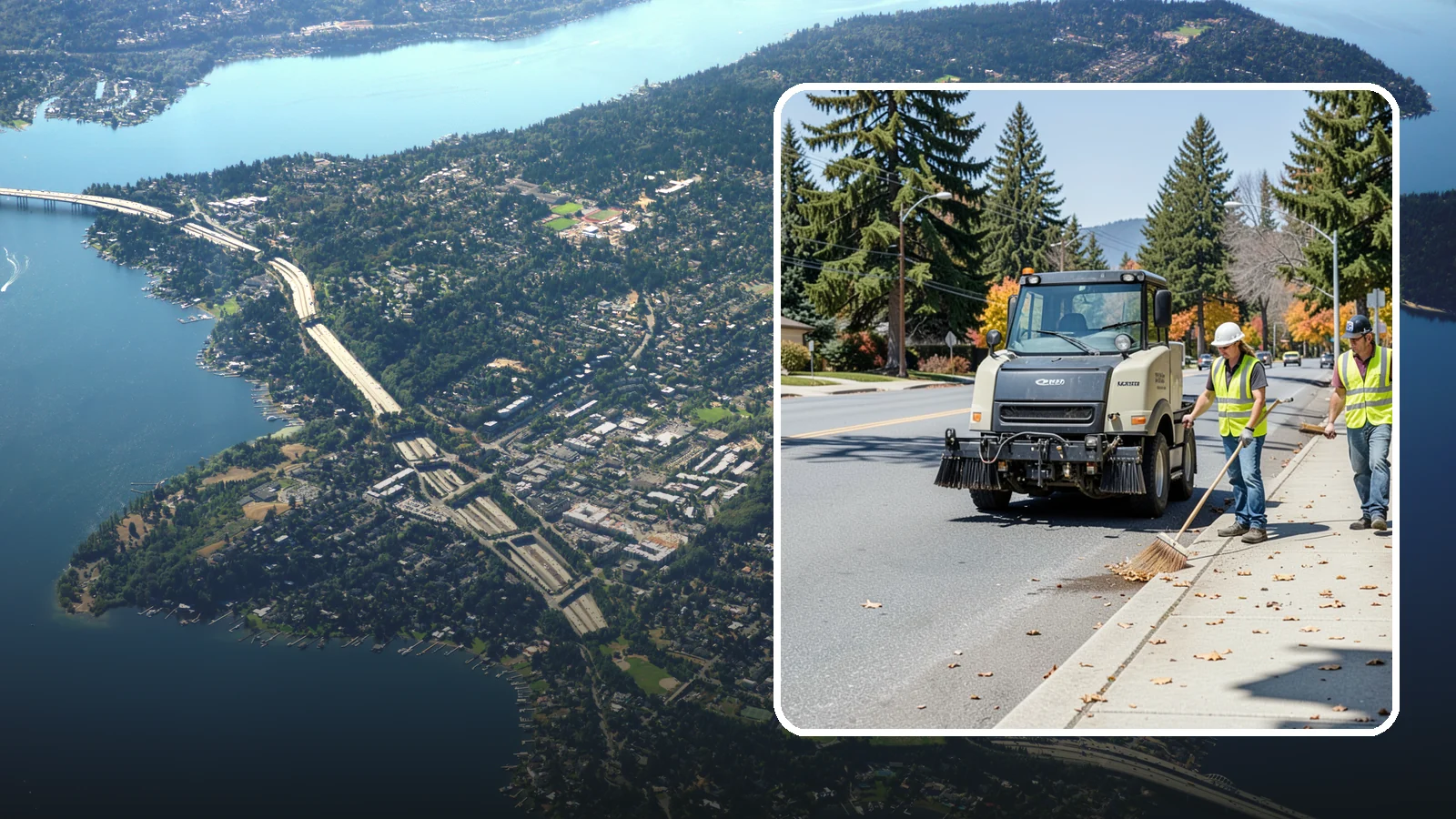 Sidewalk Sweeping in Mercer Island, King County, WA - Mechanical and walk-behind sweeping of sidewalks, plazas, and pedestrian corridors.