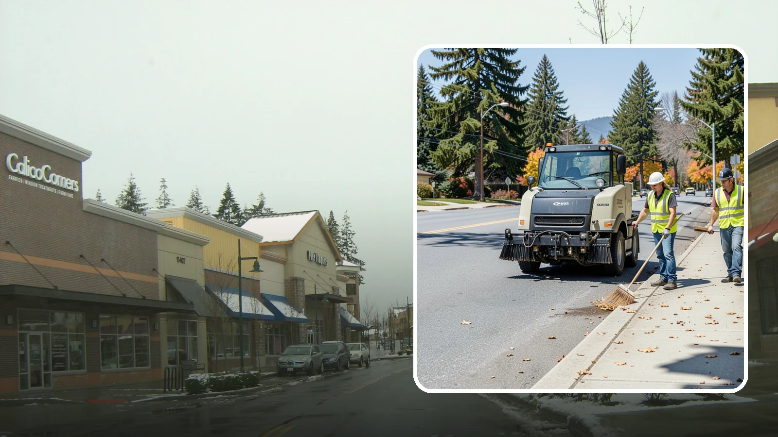 Sidewalk Sweeping in Mill Creek, Snohomish County, WA - Mechanical and walk-behind sweeping of sidewalks, plazas, and pedestrian corridors.