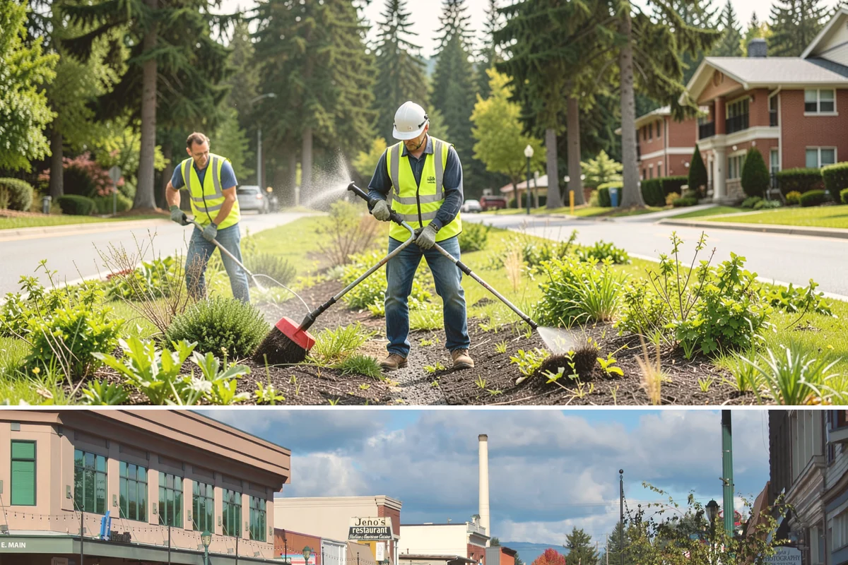 Sidewalk Sweeping in Monroe, Snohomish County, WA - Sidewalk sweeping steps up during fall leaf drop and after downtown events and markets.
