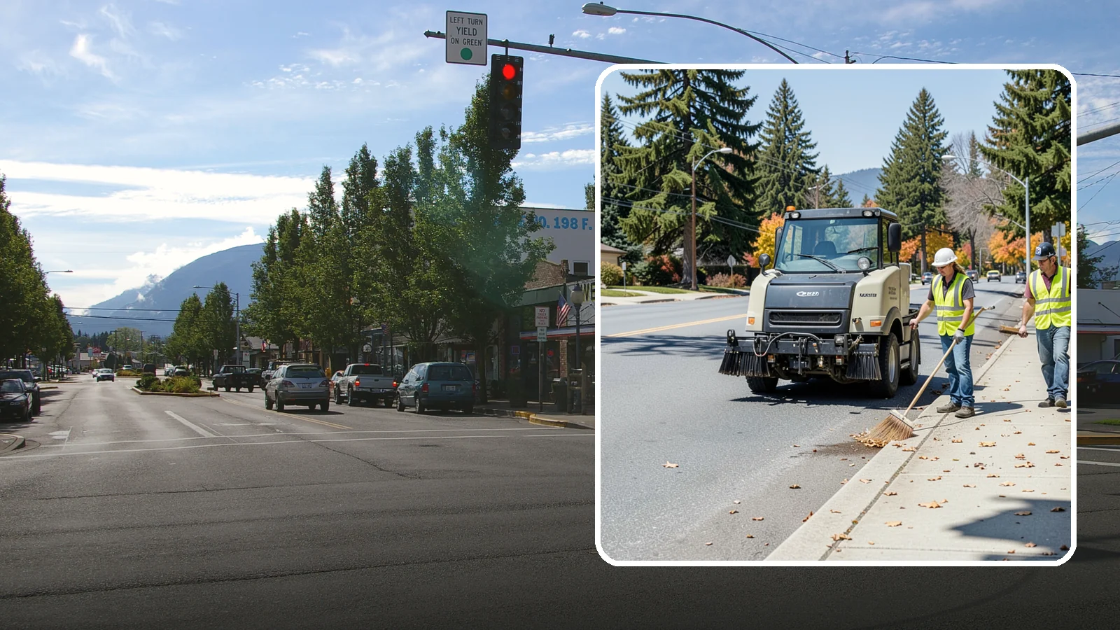 Sidewalk Sweeping in North Bend, King County, WA - Mechanical and walk-behind sweeping of sidewalks, plazas, and pedestrian corridors.