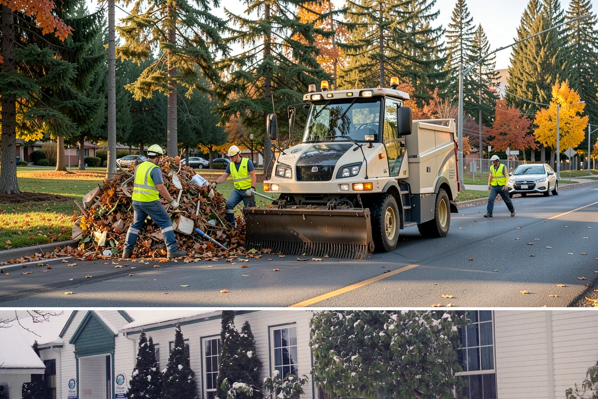 Sidewalk Sweeping in Pacific, King County, WA - Sidewalk sweeping steps up during fall leaf drop and after downtown events and markets.