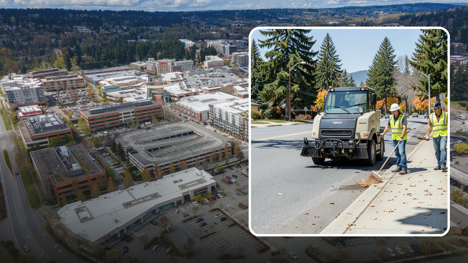 Sidewalk Sweeping in Redmond, King County, WA - Mechanical and walk-behind sweeping of sidewalks, plazas, and pedestrian corridors.