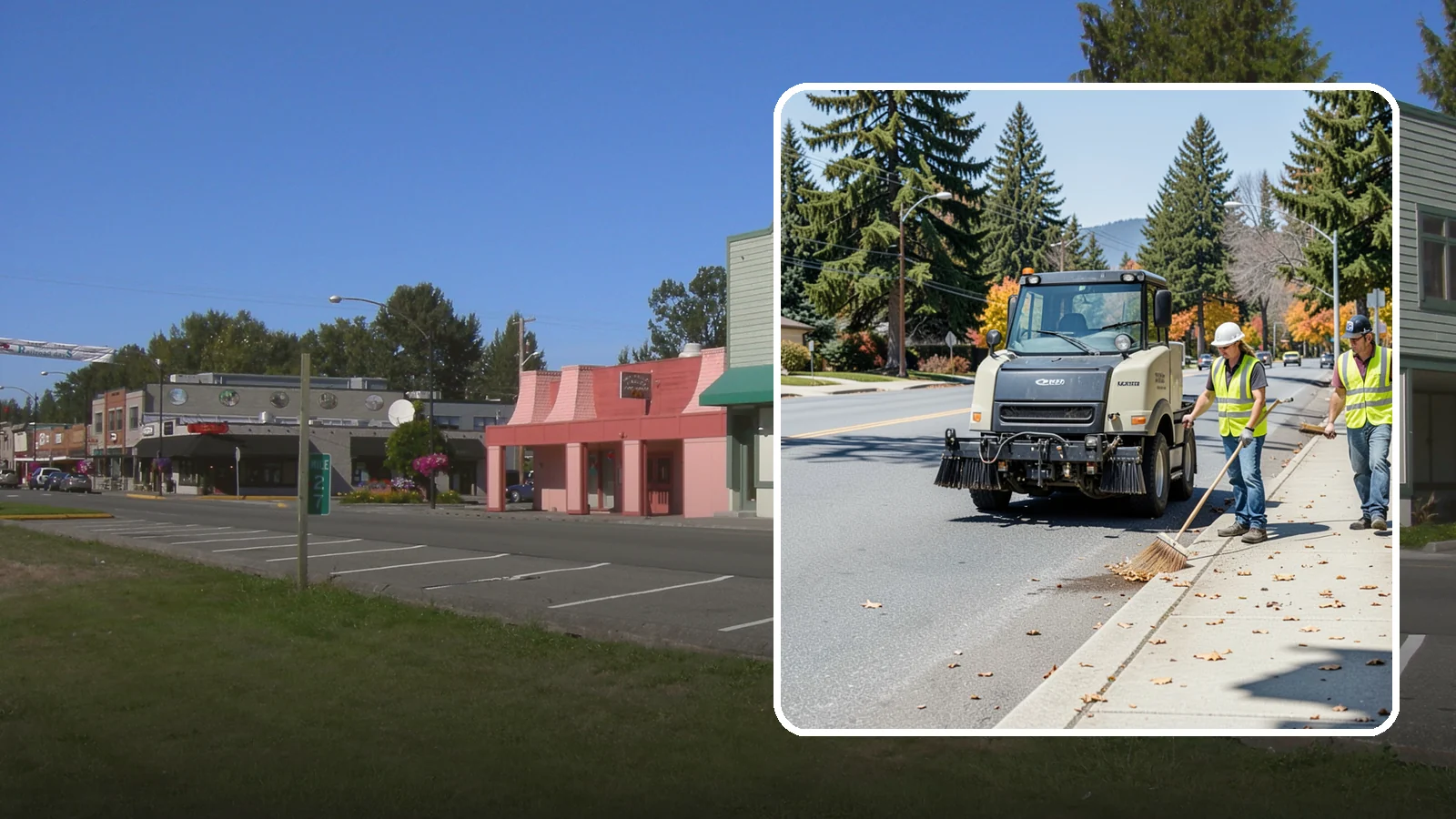 Sidewalk Sweeping in Snoqualmie, King County, WA - Mechanical and walk-behind sweeping of sidewalks, plazas, and pedestrian corridors.