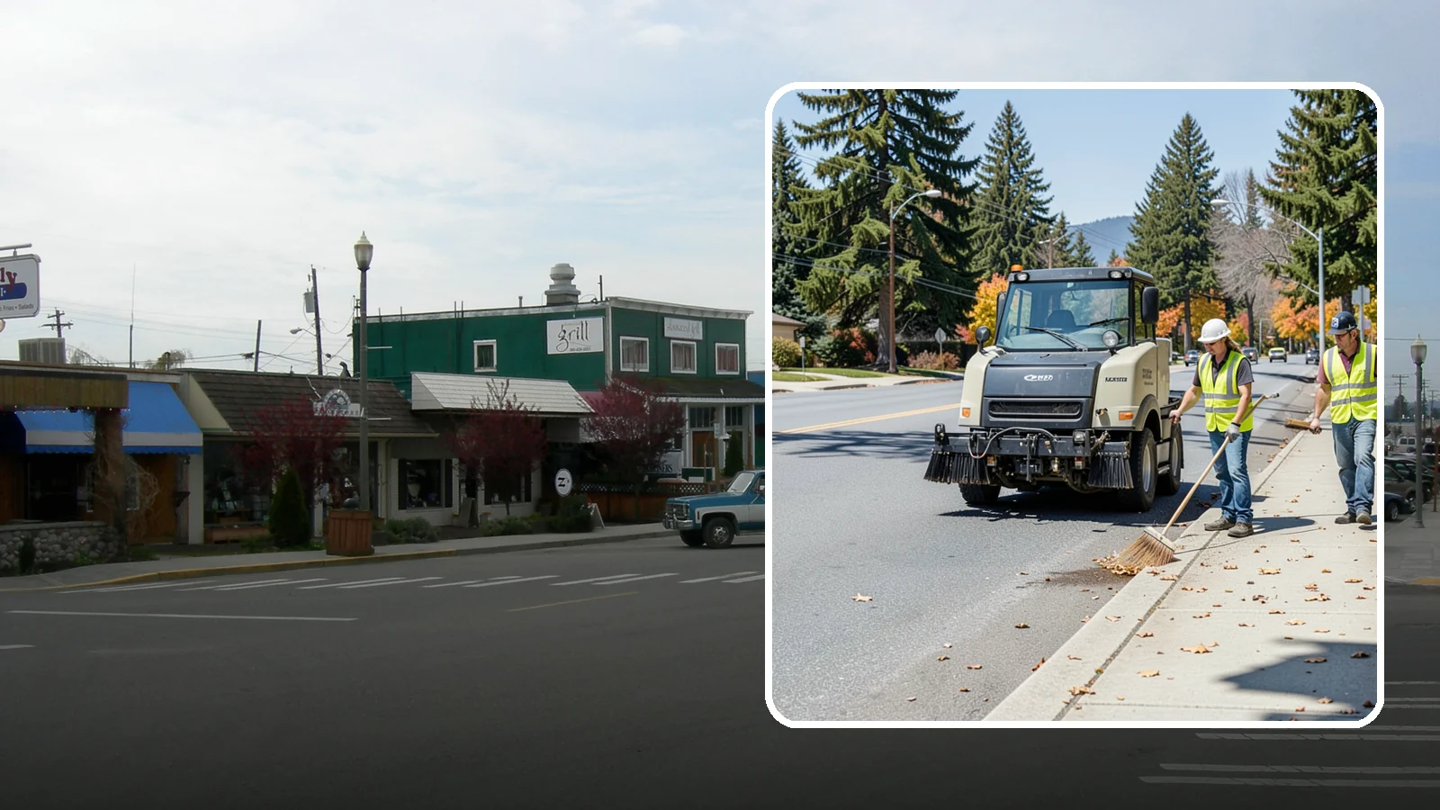 Sidewalk Sweeping in Stanwood, Snohomish County, WA - Mechanical and walk-behind sweeping of sidewalks, plazas, and pedestrian corridors.