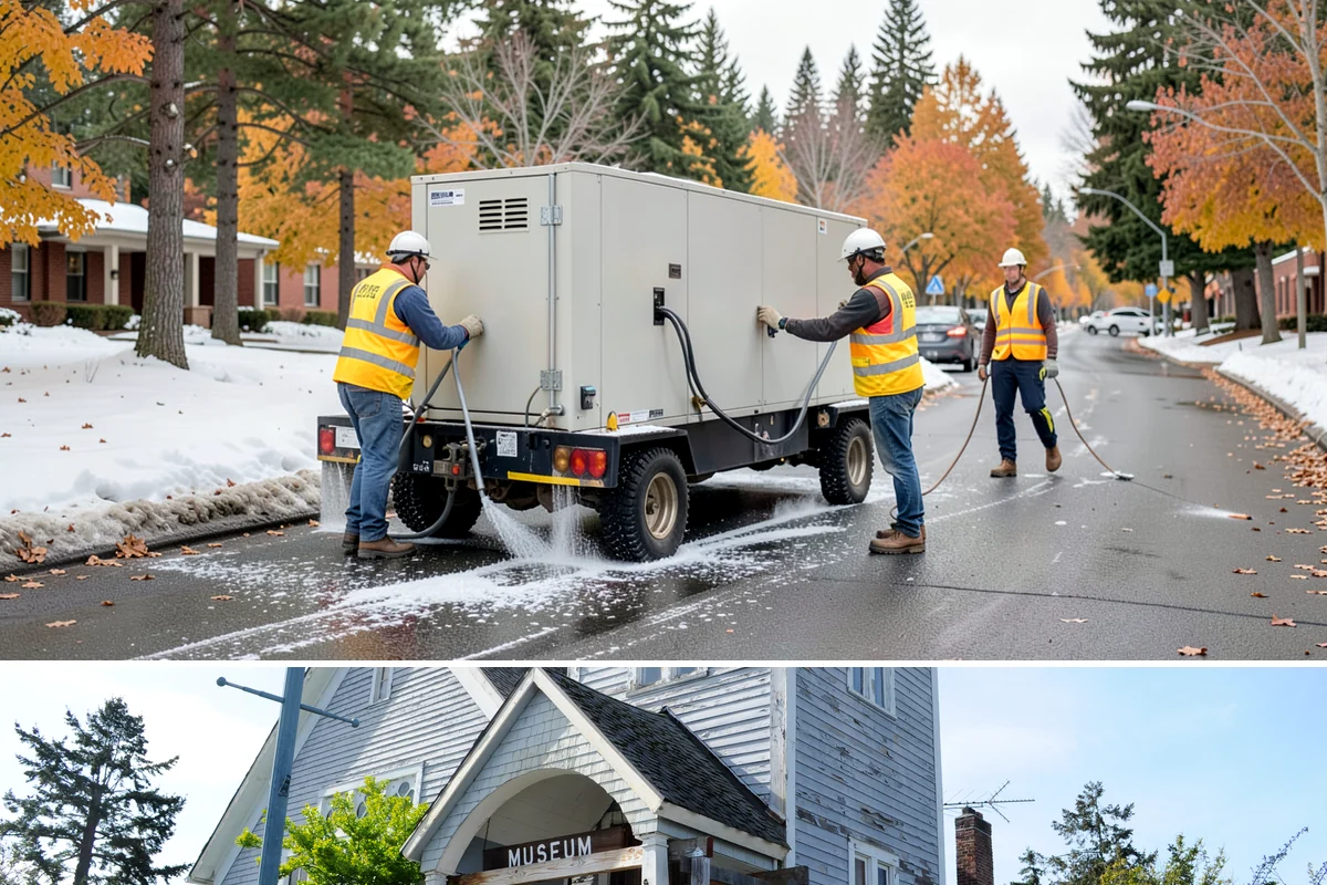 Sidewalk Sweeping in Steilacoom, Pierce County, WA - Sidewalk sweeping steps up during fall leaf drop and after downtown events and markets.