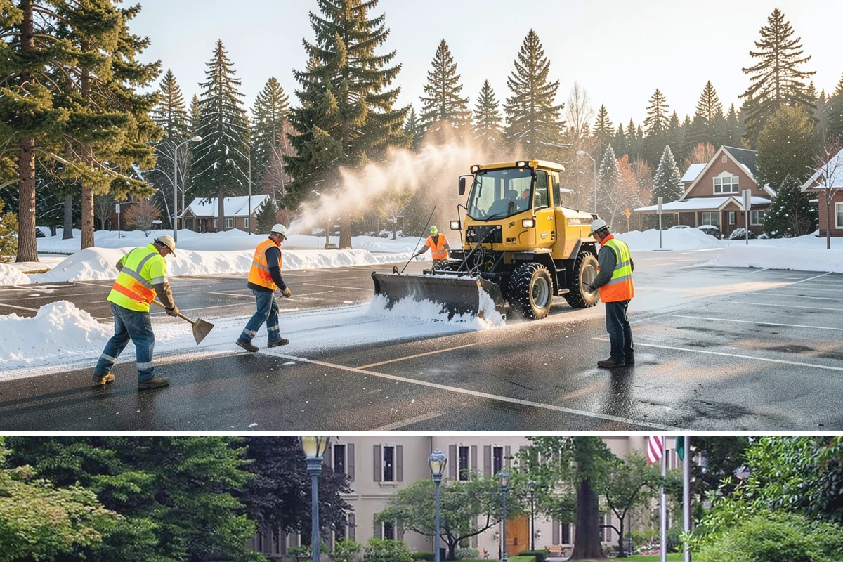 Sidewalk Sweeping in Woodinville, King County, WA - Sidewalk sweeping steps up during fall leaf drop and after downtown events and markets.