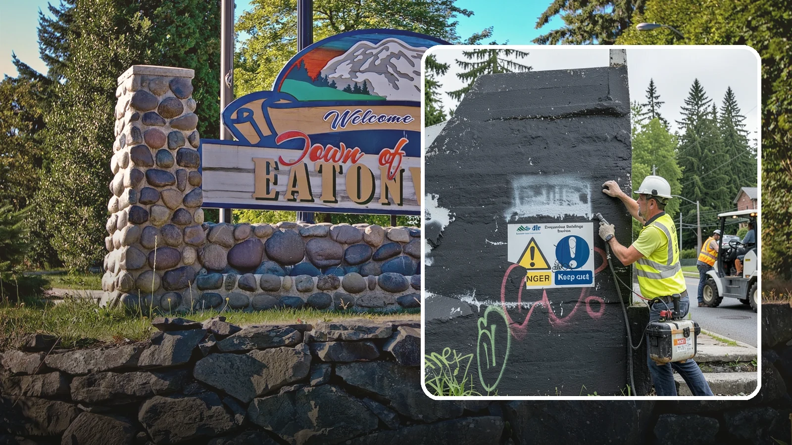 Sign Graffiti Removal in Eatonville, Pierce County, WA - Careful removal of graffiti from traffic, regulatory, and wayfinding signs without harming their reflectivity.