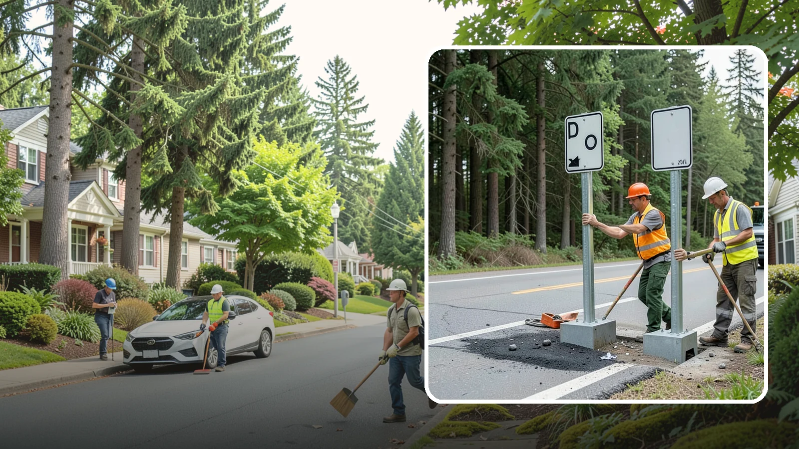 Sign Post Installation in Beaux Arts Village, King County, WA - Setting of U-channel, square-tube, and breakaway sign posts with proper foundations and clear-zone compliance.