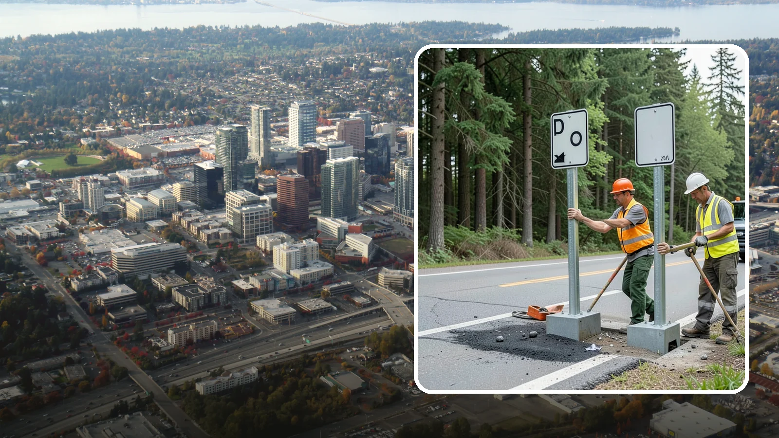 Sign Post Installation in Bellevue, King County, WA - Setting of U-channel, square-tube, and breakaway sign posts with proper foundations and clear-zone compliance.