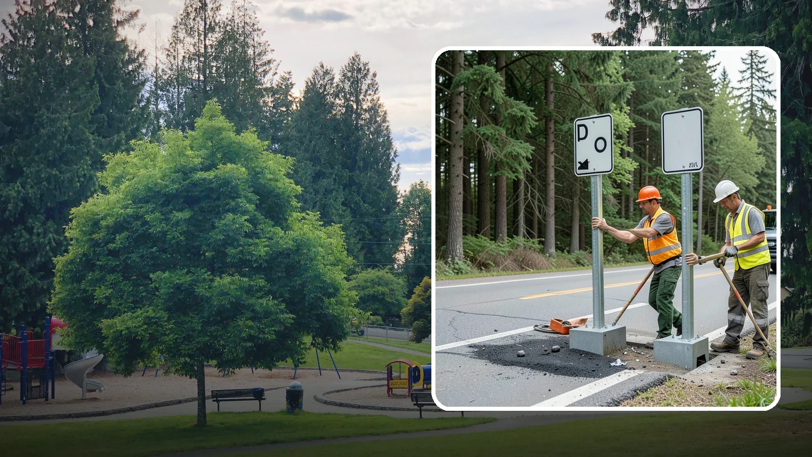 Sign Post Installation in Bonney Lake, Pierce County, WA - Setting of U-channel, square-tube, and breakaway sign posts with proper foundations and clear-zone compliance.