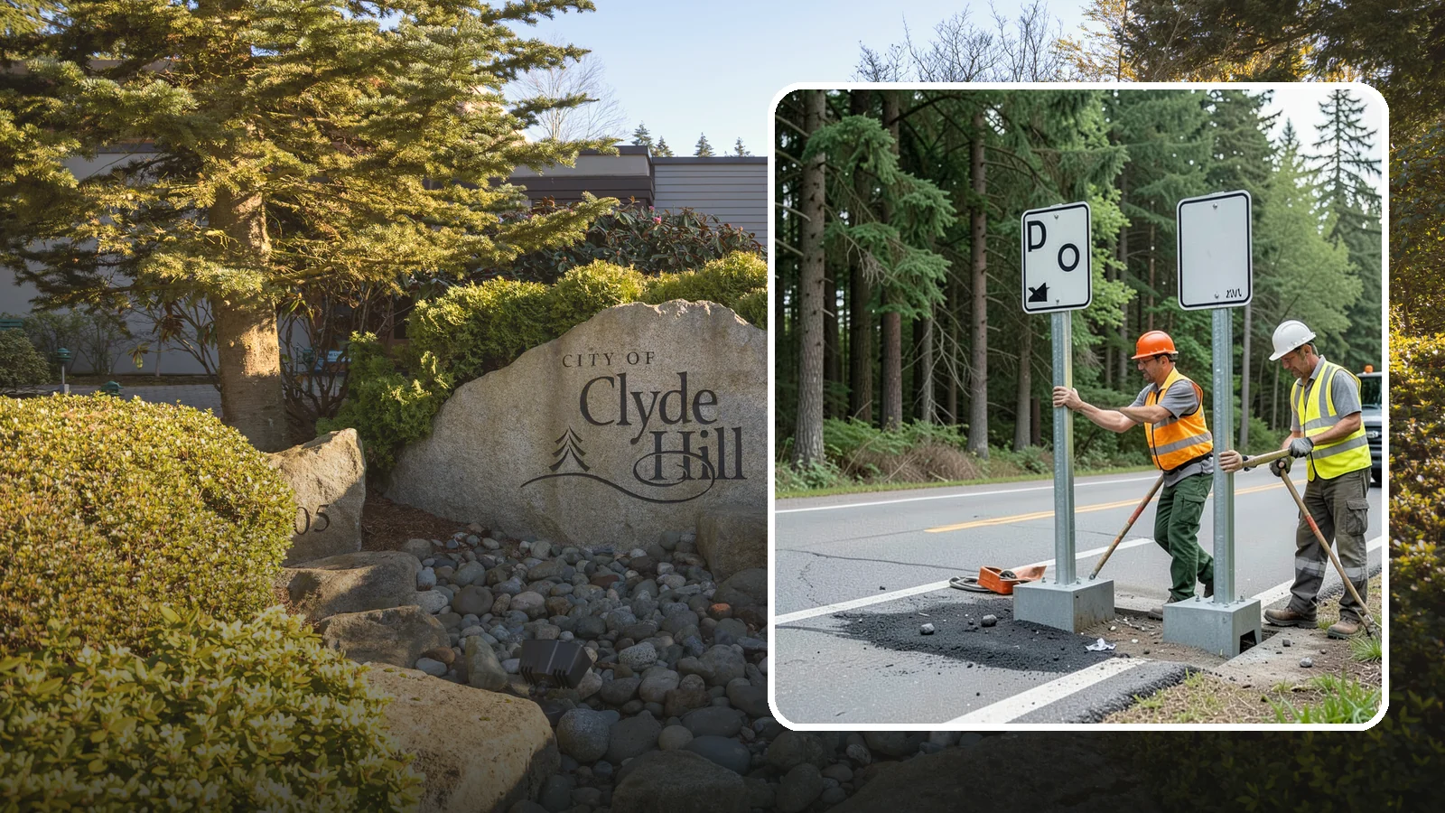 Sign Post Installation in Clyde Hill, King County, WA - Setting of U-channel, square-tube, and breakaway sign posts with proper foundations and clear-zone compliance.