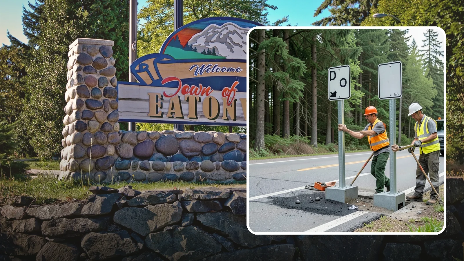 Sign Post Installation in Eatonville, Pierce County, WA - Setting of U-channel, square-tube, and breakaway sign posts with proper foundations and clear-zone compliance.