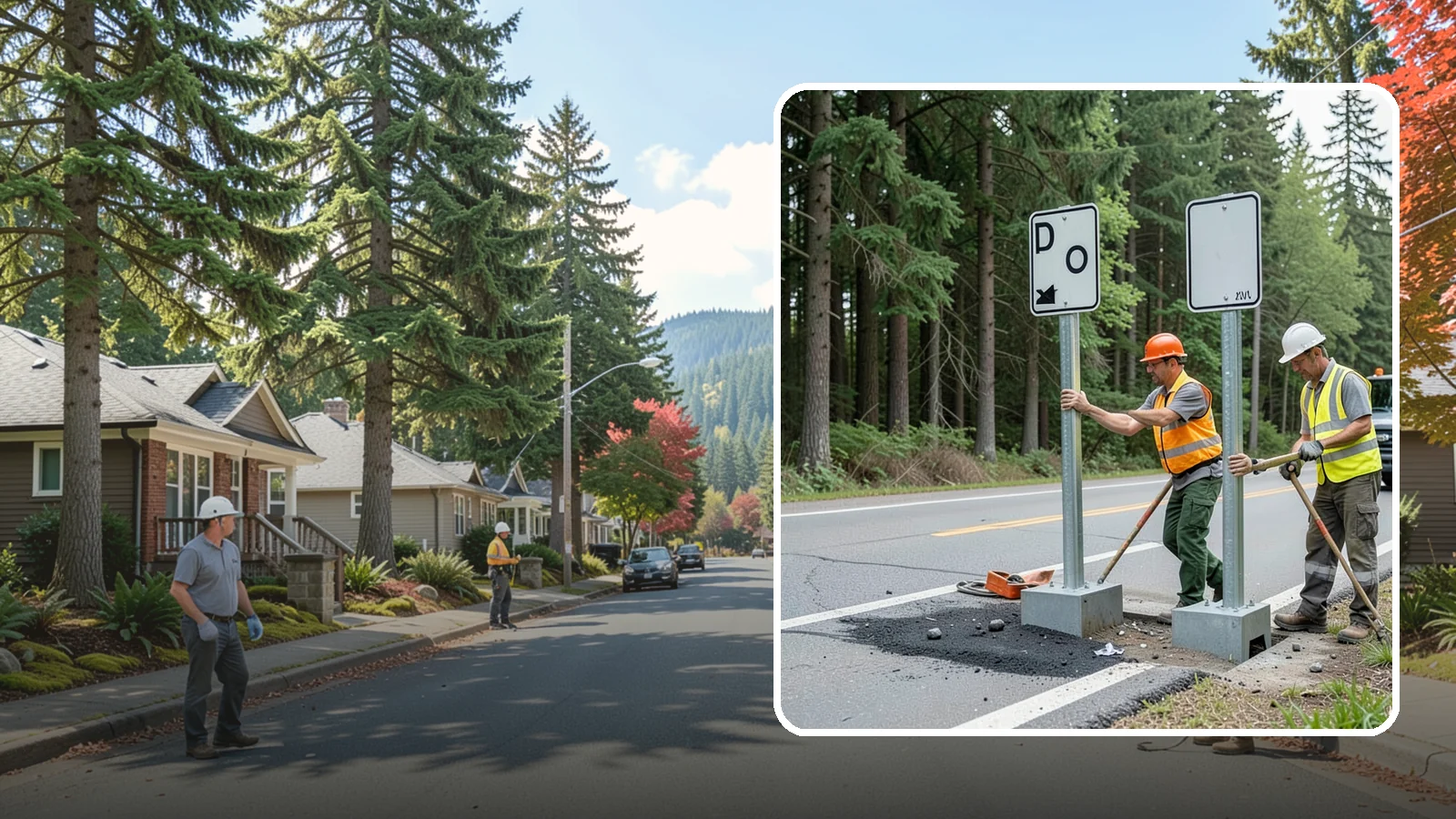 Sign Post Installation in Hunts Point, King County, WA - Setting of U-channel, square-tube, and breakaway sign posts with proper foundations and clear-zone compliance.