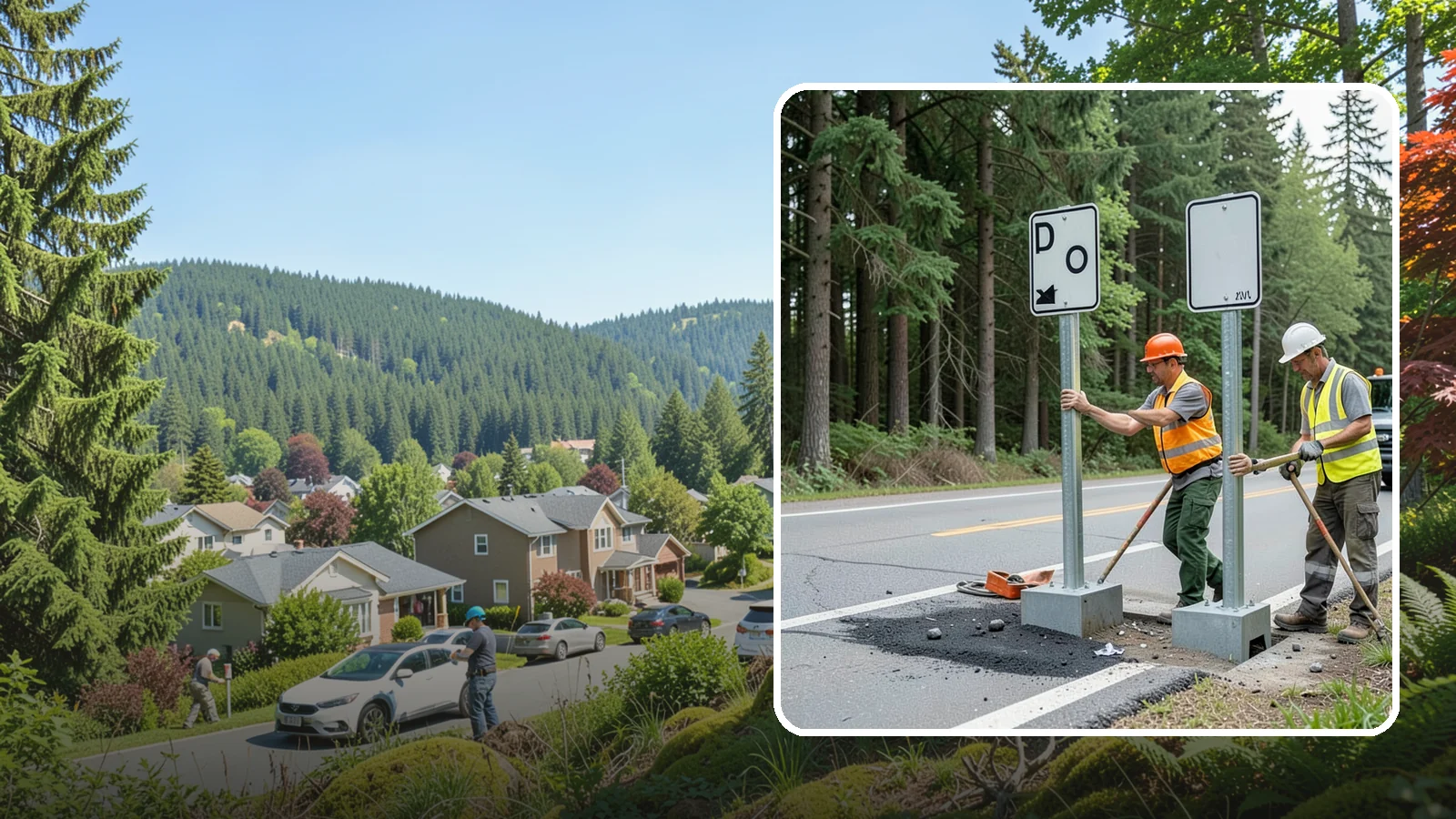 Sign Post Installation in Index, Snohomish County, WA - Setting of U-channel, square-tube, and breakaway sign posts with proper foundations and clear-zone compliance.