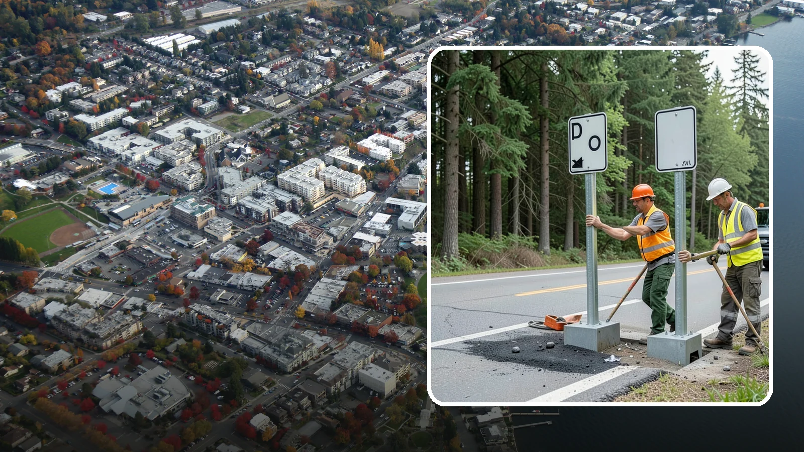 Sign Post Installation in Kirkland, King County, WA - Setting of U-channel, square-tube, and breakaway sign posts with proper foundations and clear-zone compliance.