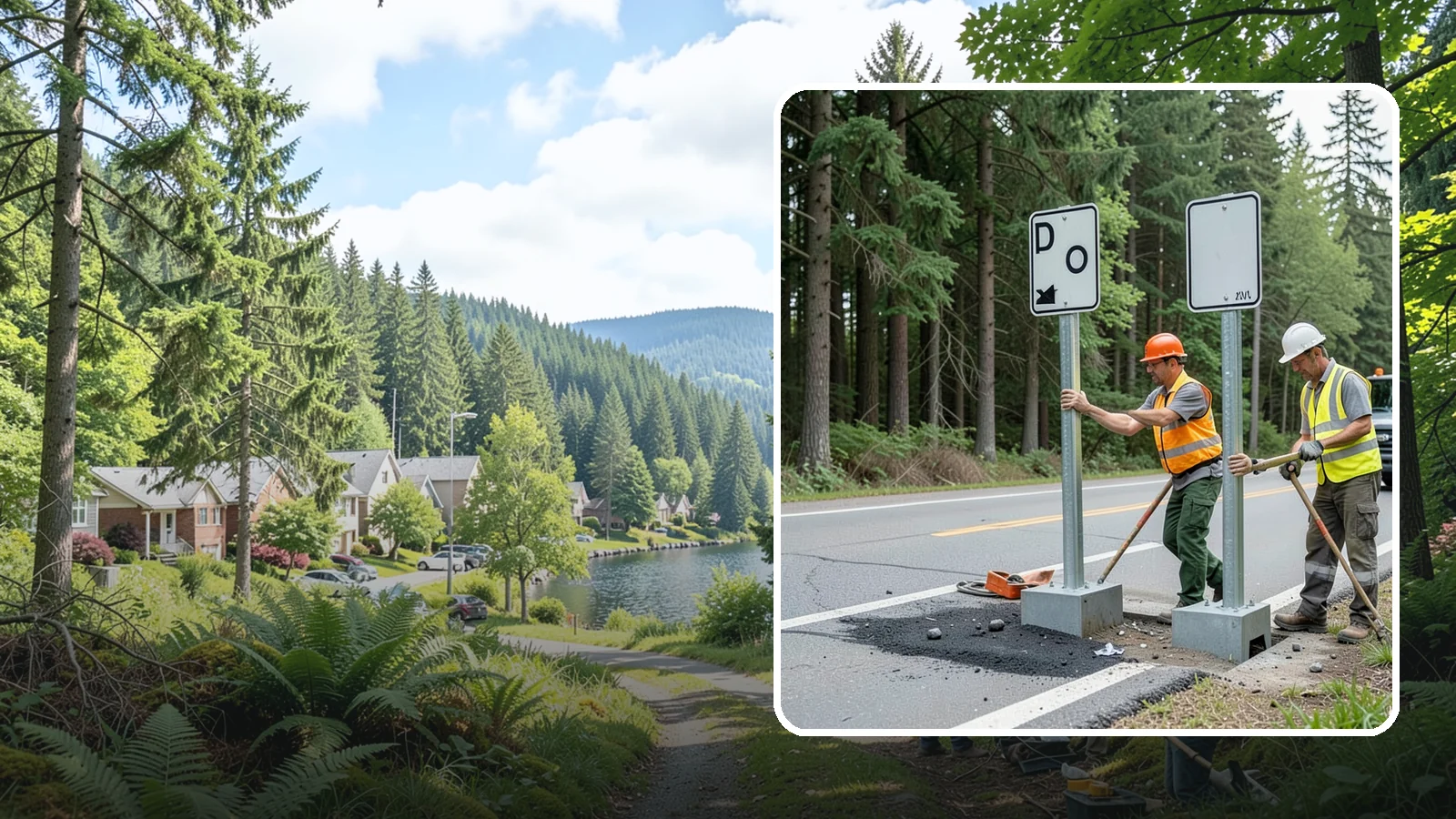 Sign Post Installation in Lake Forest Park, King County, WA - Setting of U-channel, square-tube, and breakaway sign posts with proper foundations and clear-zone compliance.