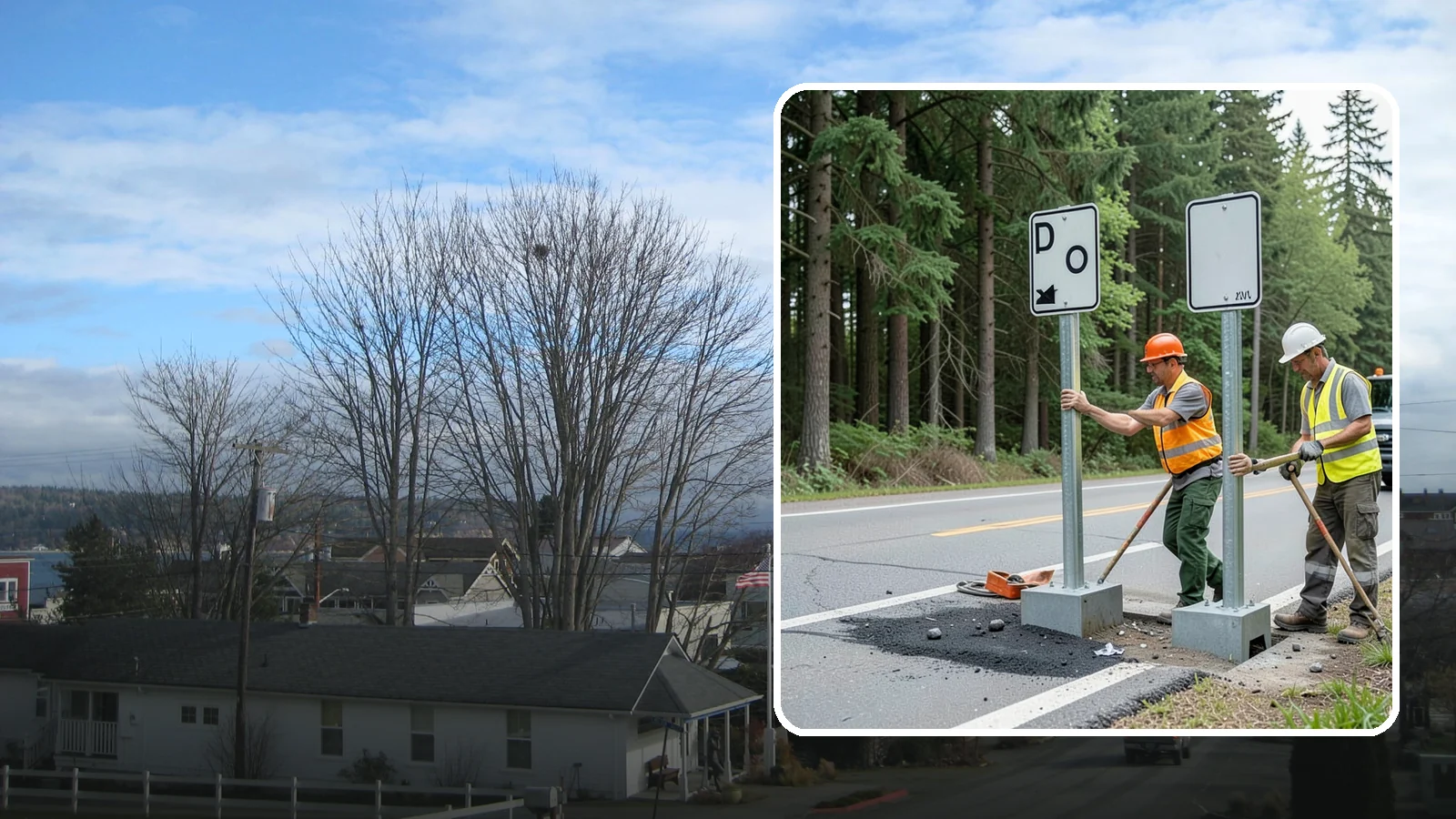 Sign Post Installation in Langley, Island County, WA - Setting of U-channel, square-tube, and breakaway sign posts with proper foundations and clear-zone compliance.