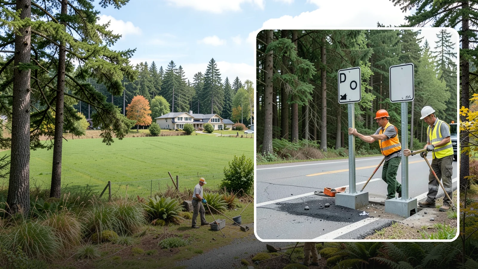 Sign Post Installation in Lyman, Skagit County, WA - Setting of U-channel, square-tube, and breakaway sign posts with proper foundations and clear-zone compliance.