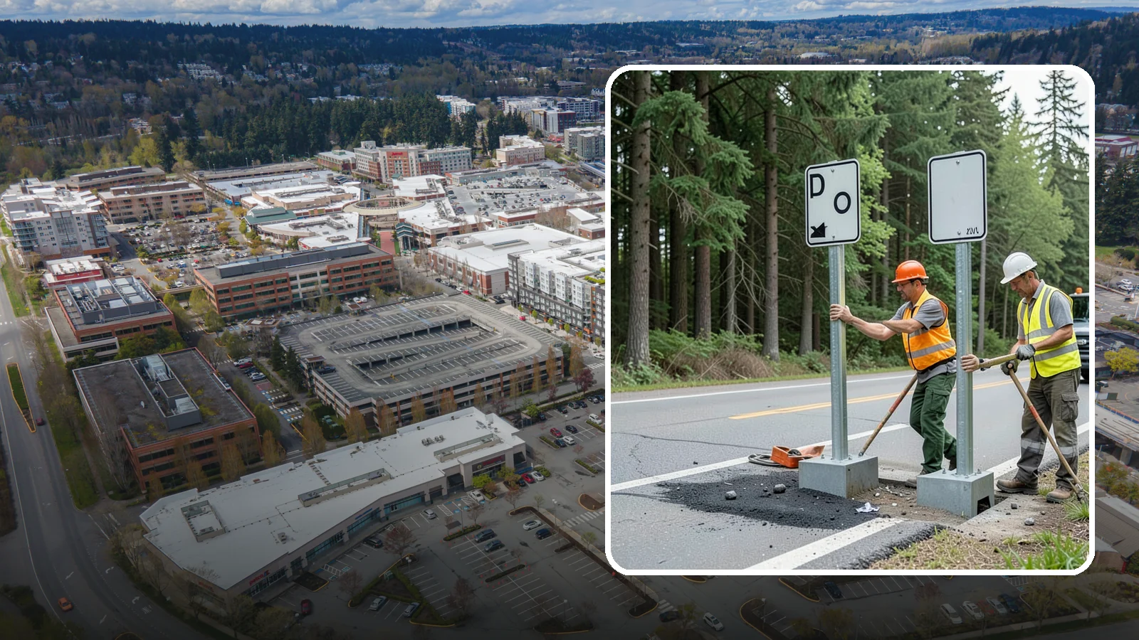 Sign Post Installation in Redmond, King County, WA - Setting of U-channel, square-tube, and breakaway sign posts with proper foundations and clear-zone compliance.