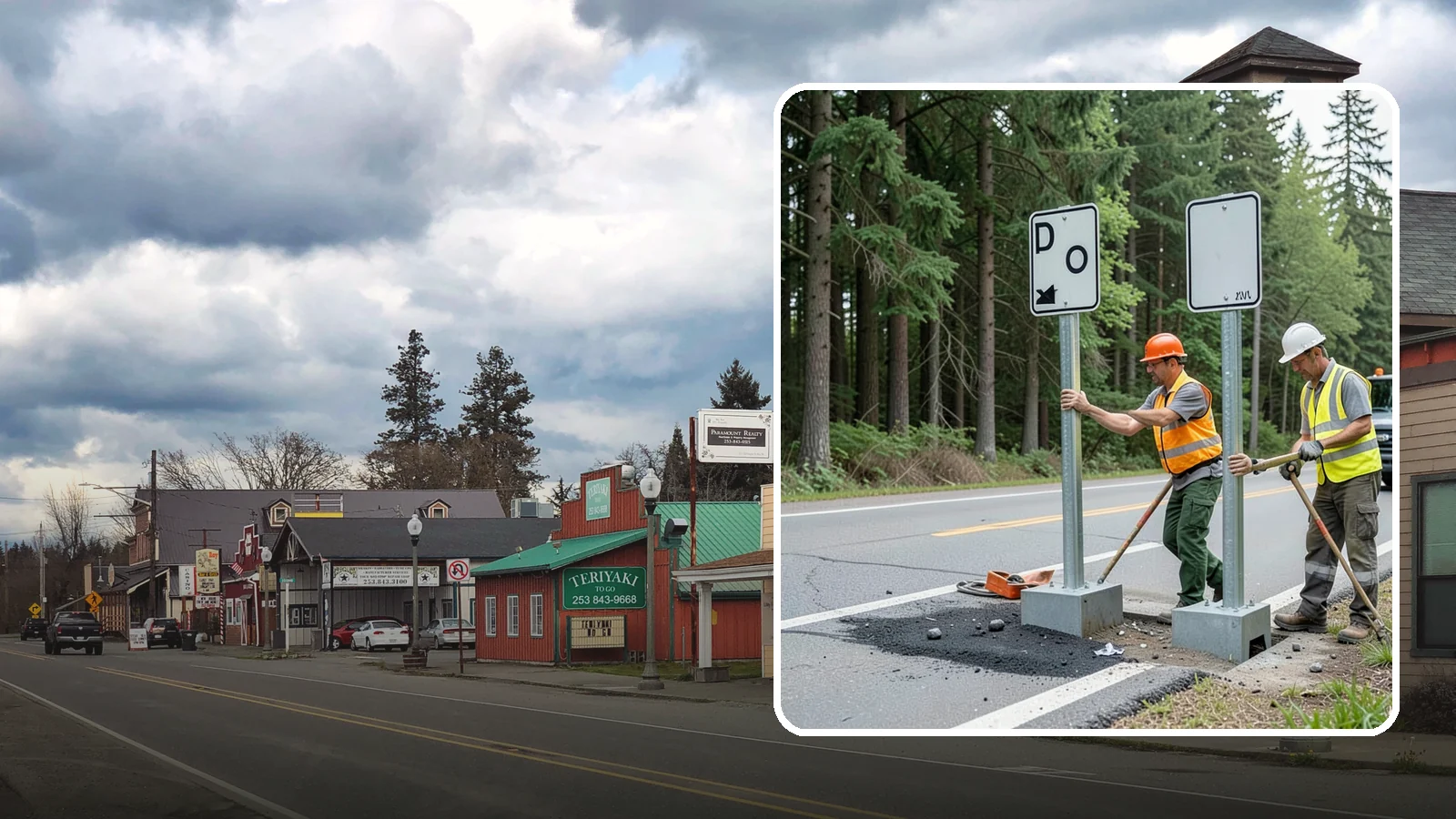 Sign Post Installation in Roy, Pierce County, WA - Setting of U-channel, square-tube, and breakaway sign posts with proper foundations and clear-zone compliance.