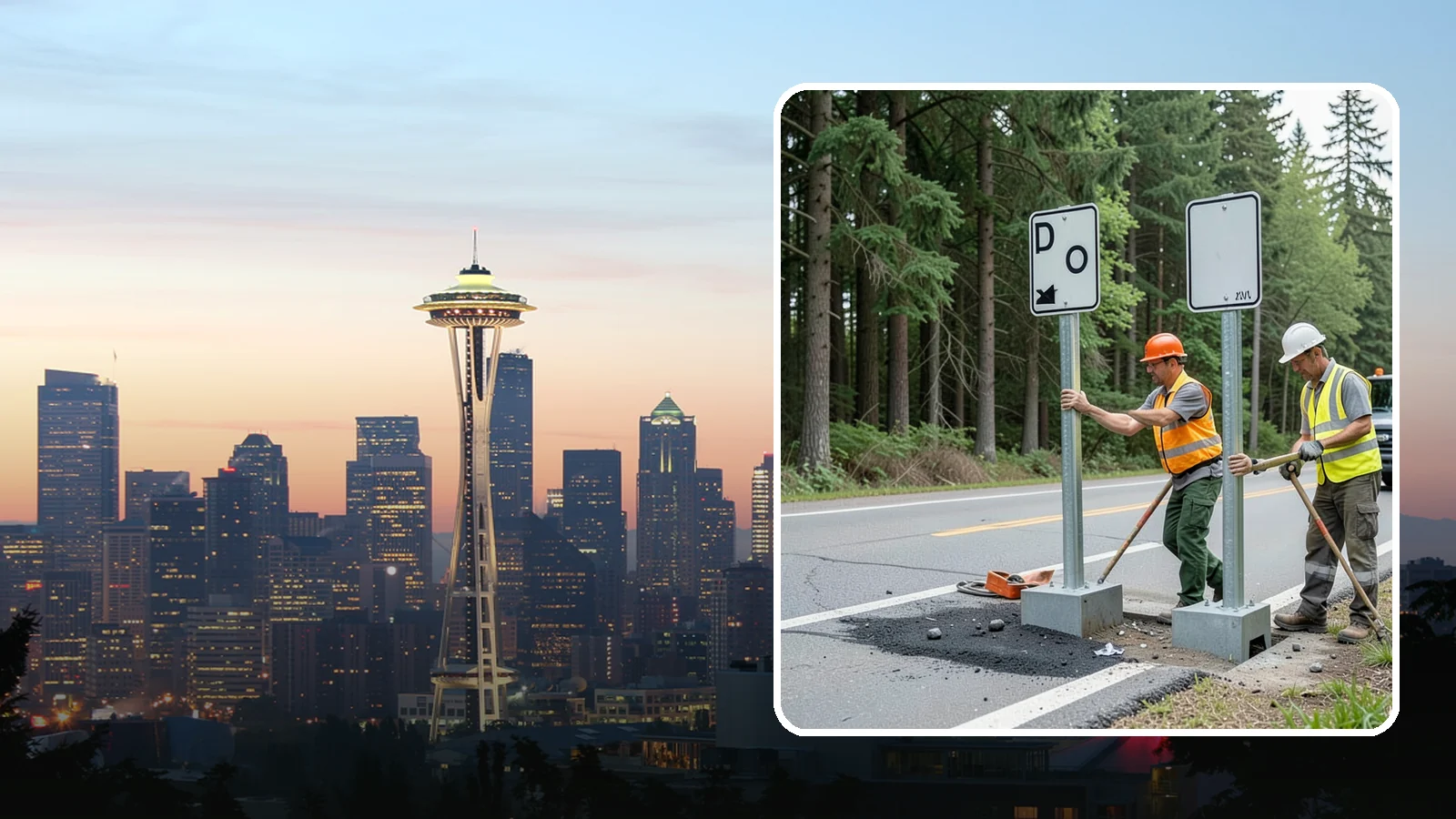 Sign Post Installation in Seattle, King County, WA - Setting of U-channel, square-tube, and breakaway sign posts with proper foundations and clear-zone compliance.