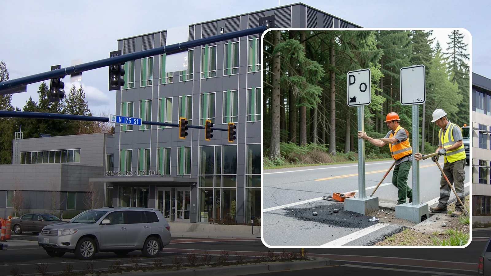 Sign Post Installation in Shoreline, King County, WA - Setting of U-channel, square-tube, and breakaway sign posts with proper foundations and clear-zone compliance.
