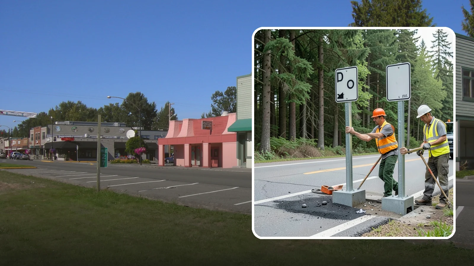 Sign Post Installation in Snoqualmie, King County, WA - Setting of U-channel, square-tube, and breakaway sign posts with proper foundations and clear-zone compliance.