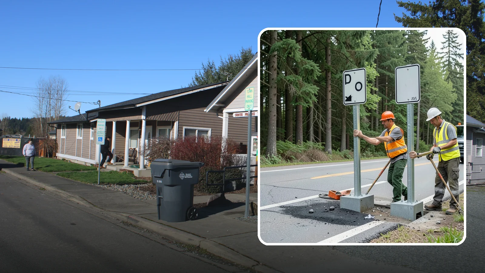 Sign Post Installation in South Prairie, Pierce County, WA - Setting of U-channel, square-tube, and breakaway sign posts with proper foundations and clear-zone compliance.