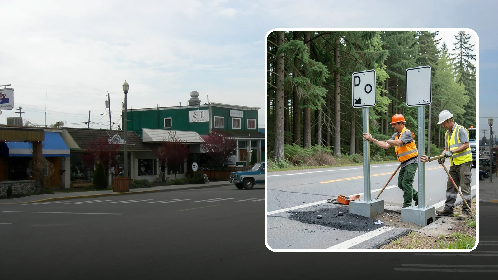 Sign Post Installation in Stanwood, Snohomish County, WA - Setting of U-channel, square-tube, and breakaway sign posts with proper foundations and clear-zone compliance.