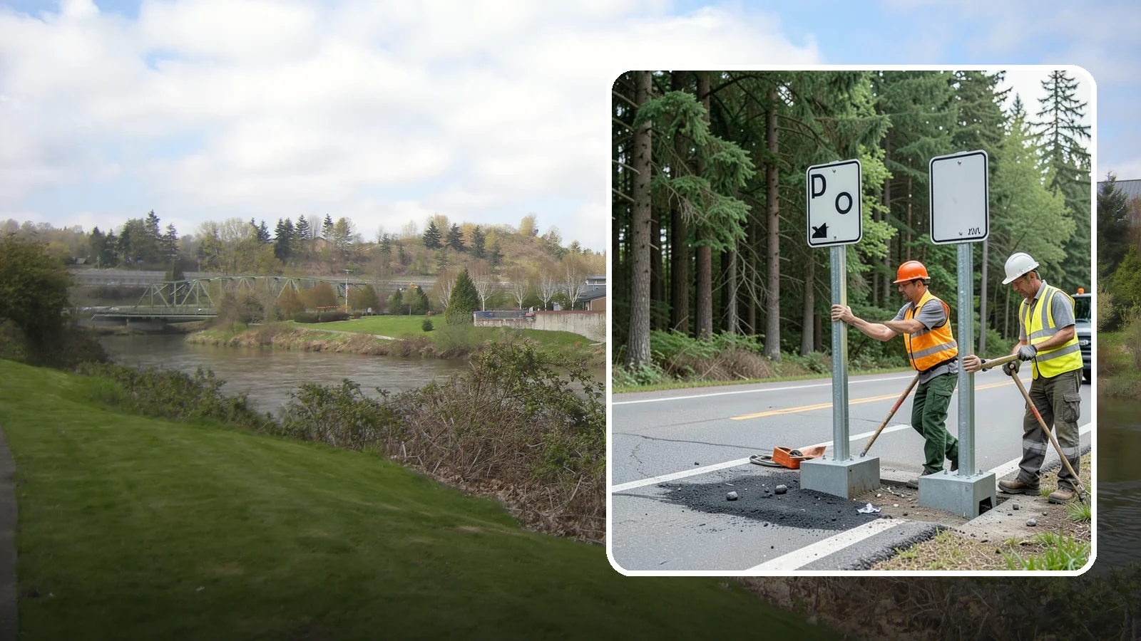 Sign Post Installation in Tukwila, King County, WA - Setting of U-channel, square-tube, and breakaway sign posts with proper foundations and clear-zone compliance.