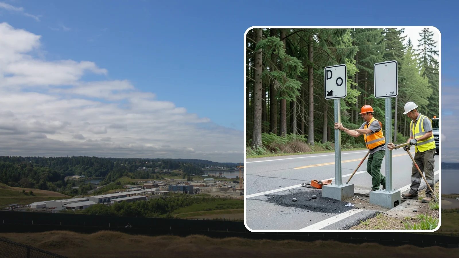 Sign Post Installation in University Place, Pierce County, WA - Setting of U-channel, square-tube, and breakaway sign posts with proper foundations and clear-zone compliance.