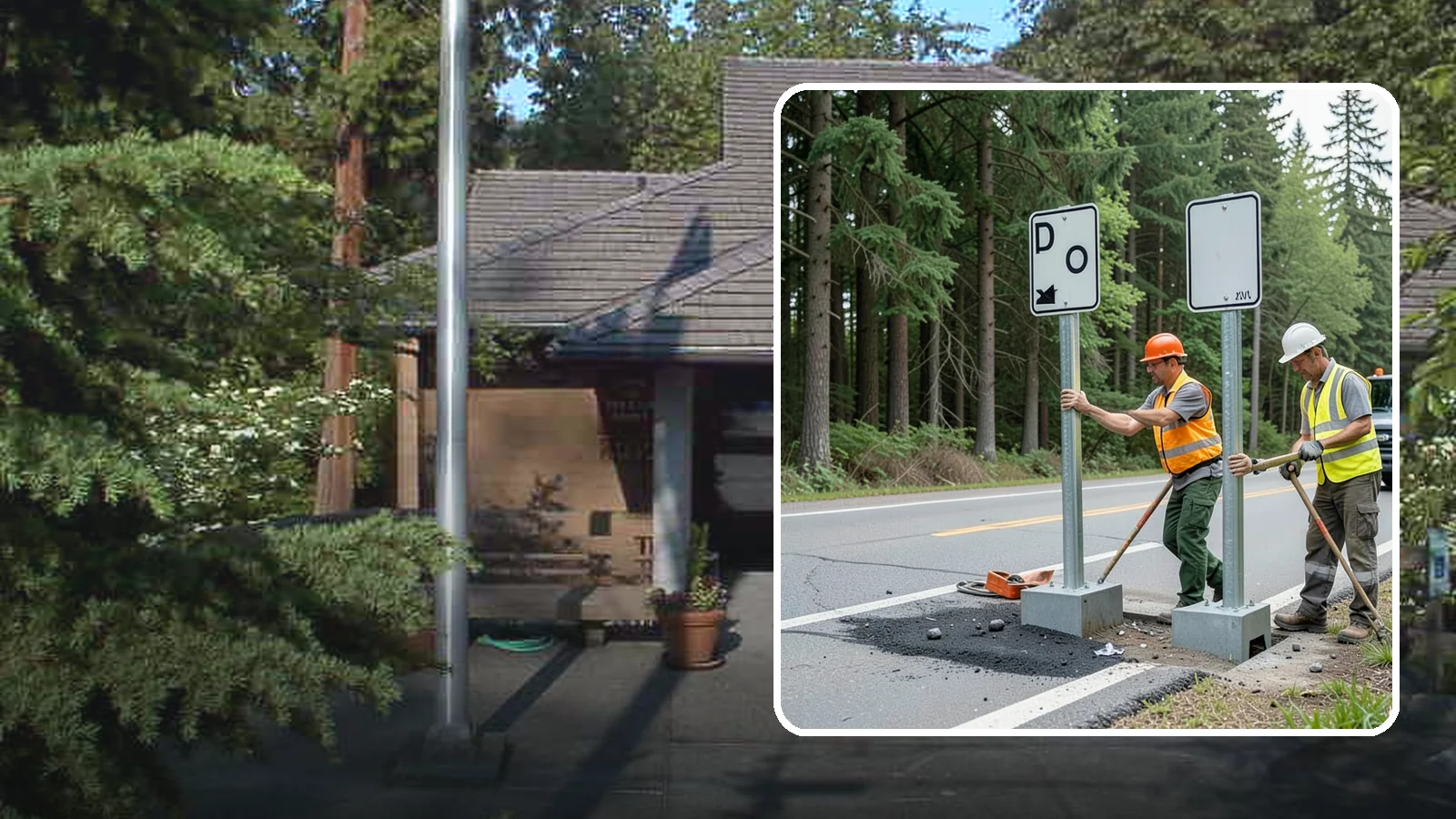 Sign Post Installation in Yarrow Point, King County, WA - Setting of U-channel, square-tube, and breakaway sign posts with proper foundations and clear-zone compliance.