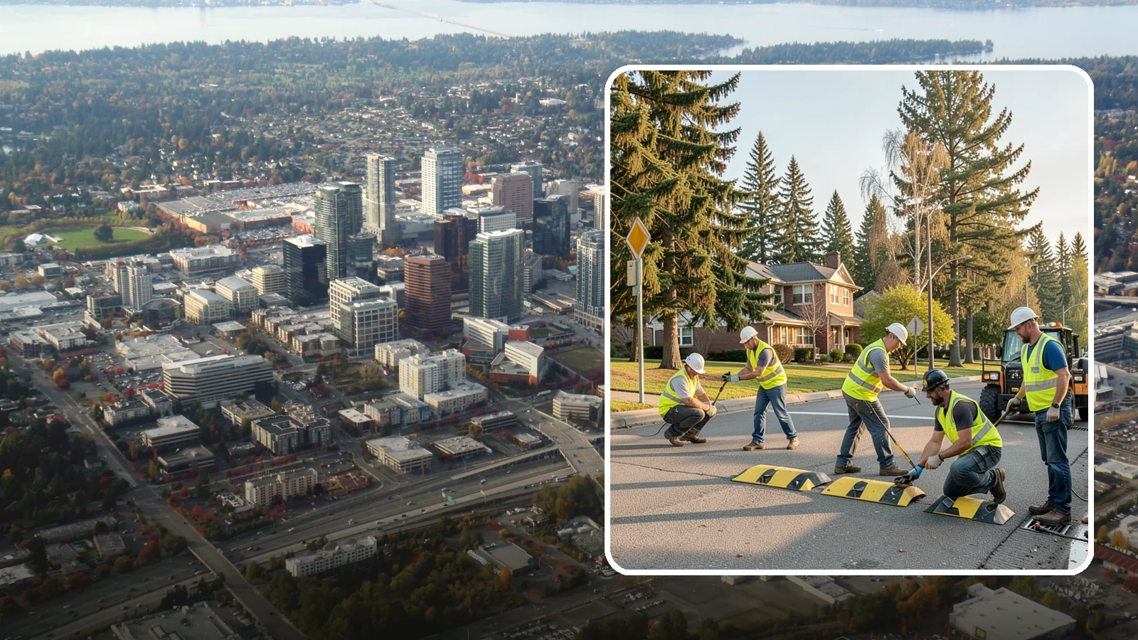 Speed Bump Installation in Bellevue, King County, WA - Speed bumps and humps calm traffic in neighborhoods, lots, and around public facilities.