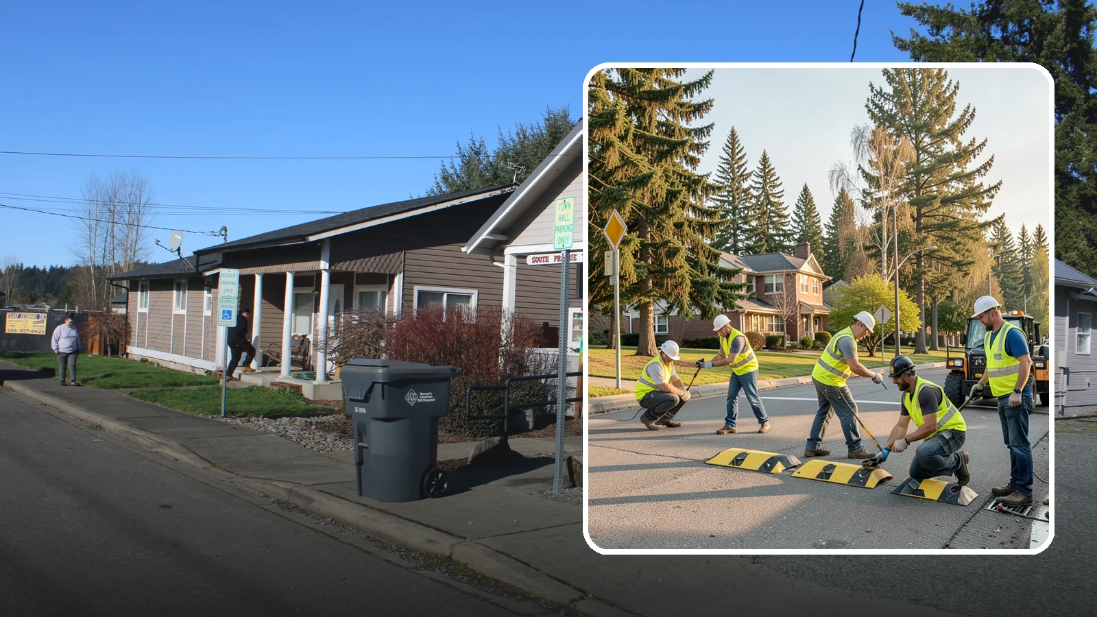 Speed Bump Installation in South Prairie, Pierce County, WA - Speed bumps and humps calm traffic in neighborhoods, lots, and around public facilities.