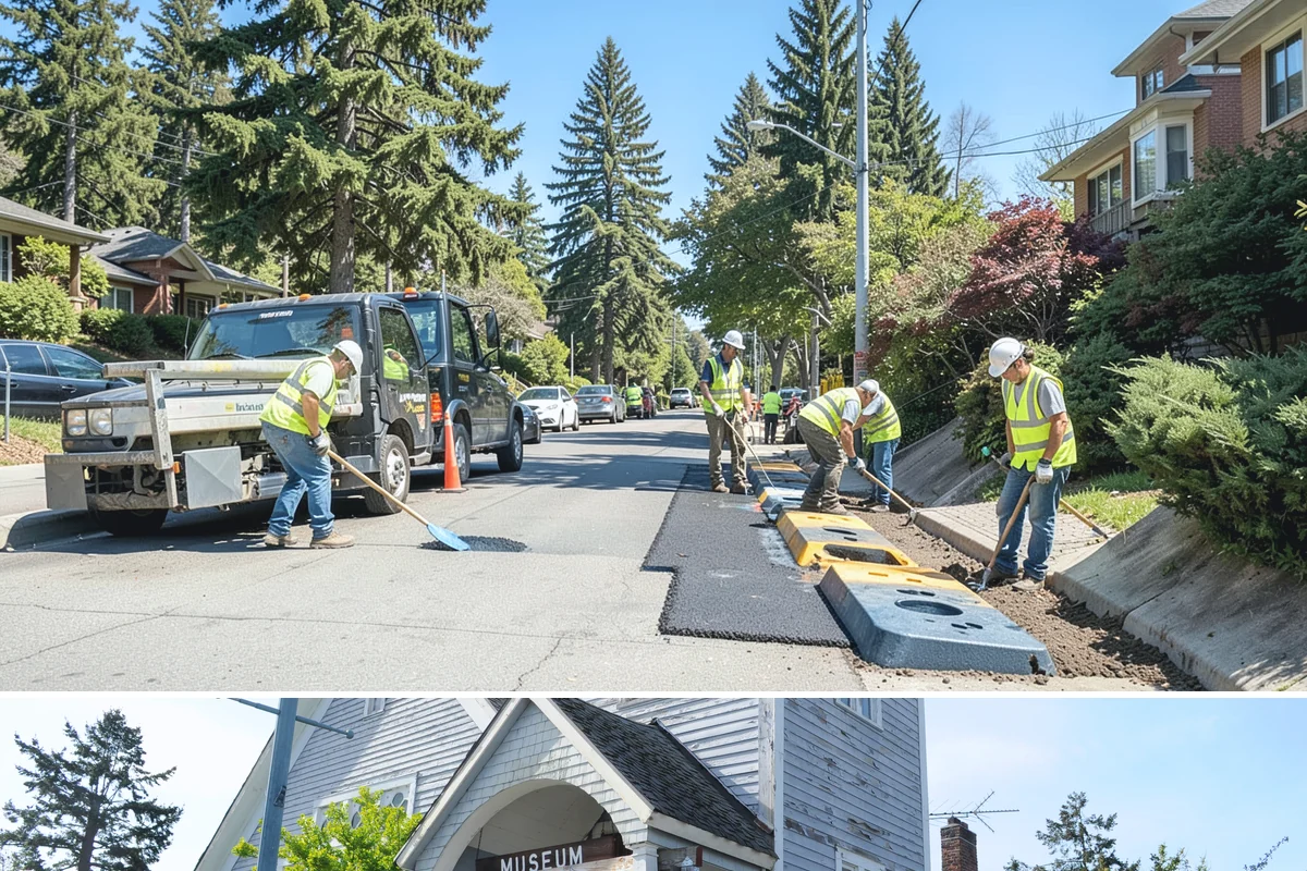 Speed Bump Installation in Steilacoom, Pierce County, WA - Asphalt-formed installations favor warm, dry summer conditions, while prefabricated units can be set nearly year-round.