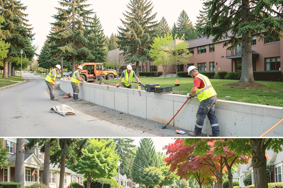 Speed Hump Construction in Beaux Arts Village, King County, WA - Speed humps are placed in warm, dry weather so the asphalt compacts to the precise profile that calming performance depends on.