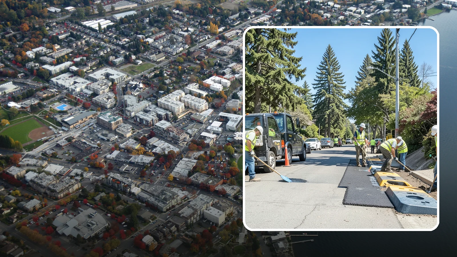 Speed Hump Construction in Kirkland, King County, WA - Asphalt speed humps and tables that calm traffic on residential streets and through park zones.