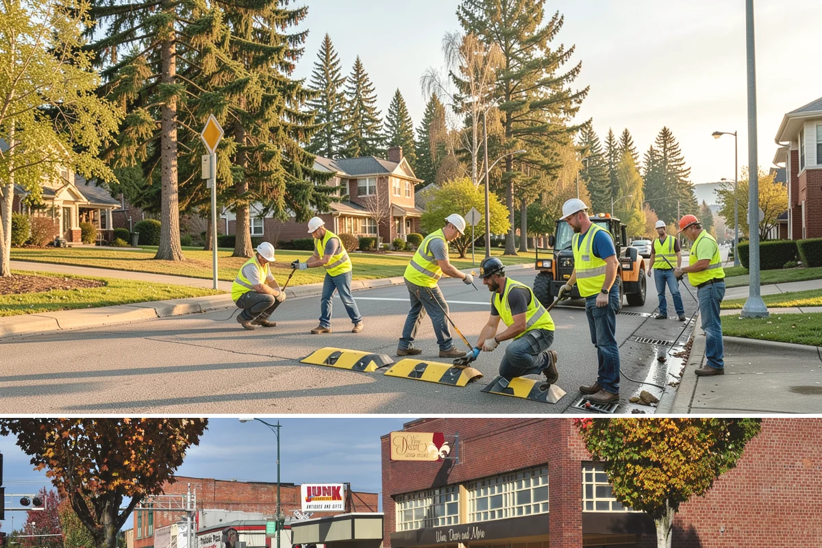 Speed Hump Construction in Puyallup, Pierce County, WA - Speed humps are placed in warm, dry weather so the asphalt compacts to the precise profile that calming performance depends on.