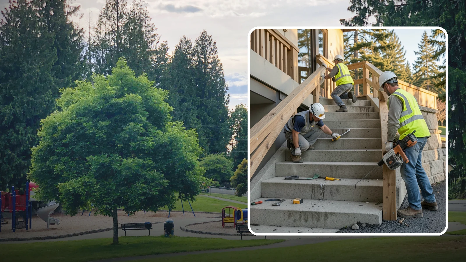Stair Repairs in Bonney Lake, Pierce County, WA - We repair public concrete, timber, and stone stairs to restore safe, uniform, code-compliant treads.