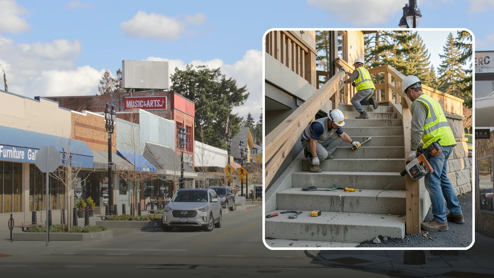Stair Repairs in Bothell, King County, WA - We repair public concrete, timber, and stone stairs to restore safe, uniform, code-compliant treads.